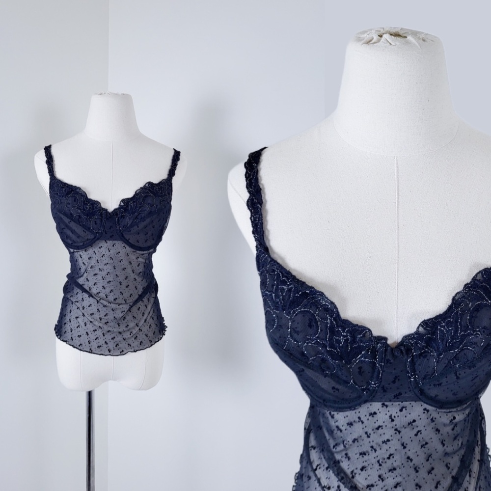 90’s Lace Corset Camisole sheer metallic adjustable appliqué polka dot V-neck